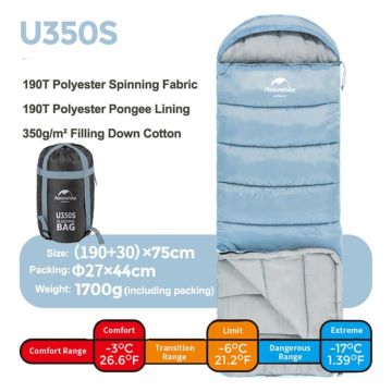 Naturehike U350S Zarf Tarzı Kapüşonlu Uyku Tulumu - Mavi